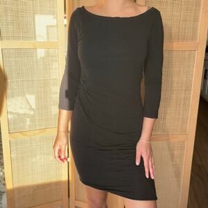 james perse standard black ruched dress knee length long sleeve boatneck size 3